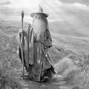 Gandalf with staff walking down path