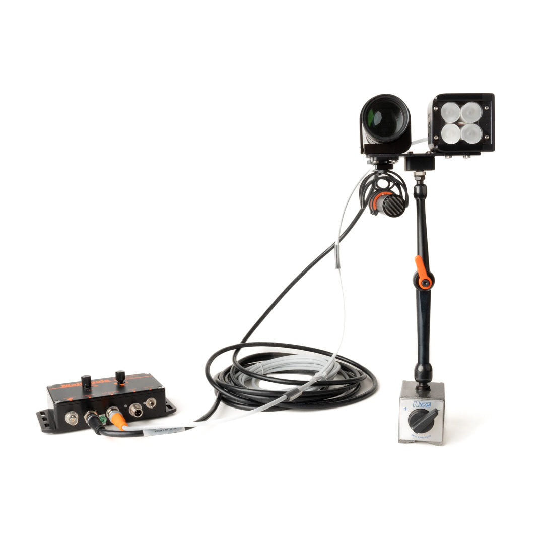 Front view of the PXCC8 camera controller and the MeltView® APEX3 camera with the varifocal lens attached to the LED and microphone bench mount